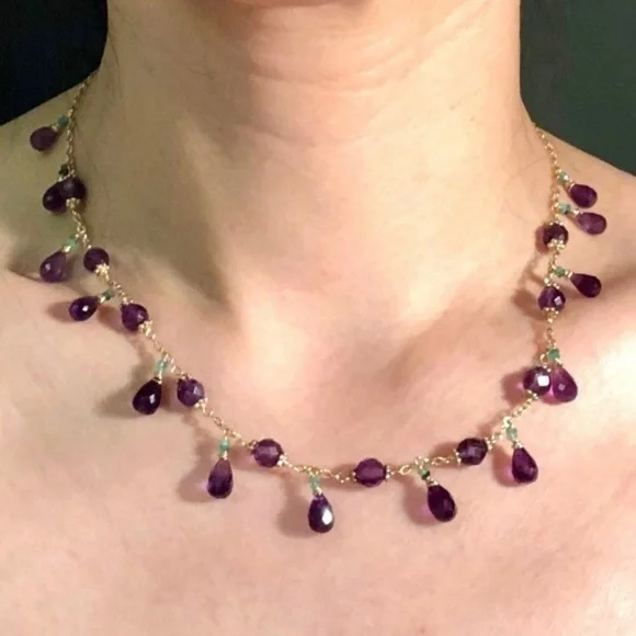 Natural African Amethyst Brazilian Emerald Gold Filled Necklace